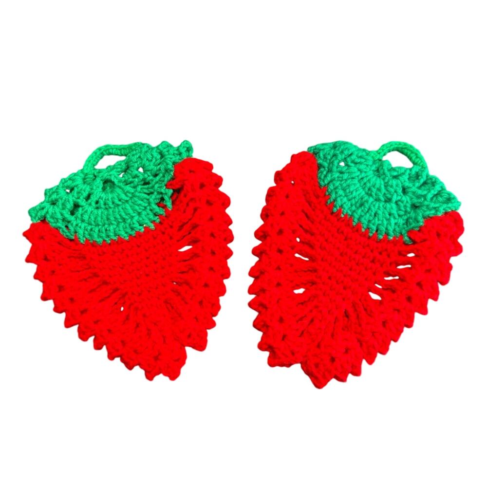 Vtg Red Green Crochet strawberry- hangers- potholder set of 2 - cottage 10x8"